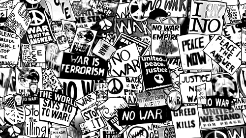 Multiple anti-war posters collaged together