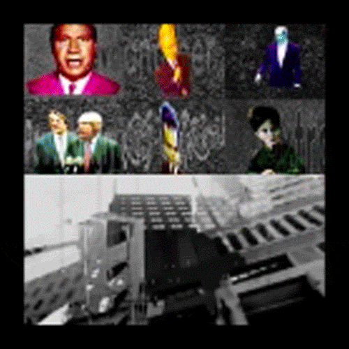 cartoonish talking head faces above a  black and white buildings photo